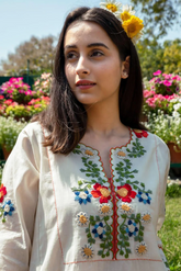 Off White Embroidered Cotton Kurta and Pant Set